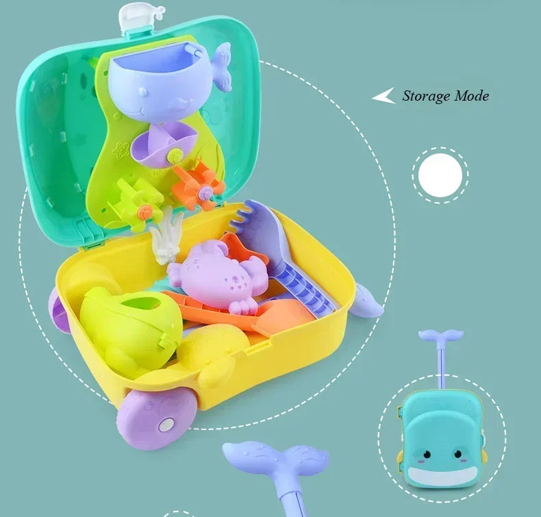 Children Summer Beach Sand Toys Outdoor Sand Shovel Water Play Tools Beachside Trolley Suitcase Sand Moulds Sand Rake Kids Gifts