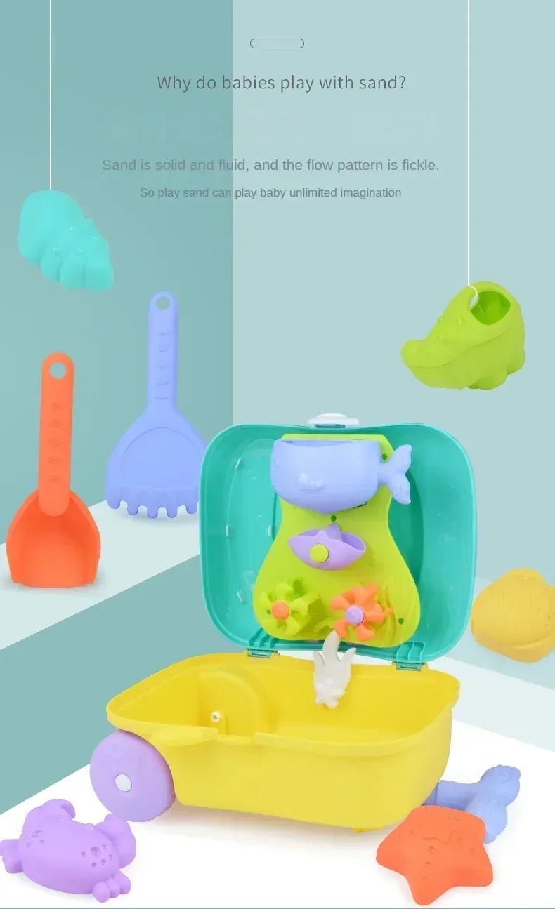 Children Summer Beach Sand Toys Outdoor Sand Shovel Water Play Tools Beachside Trolley Suitcase Sand Moulds Sand Rake Kids Gifts